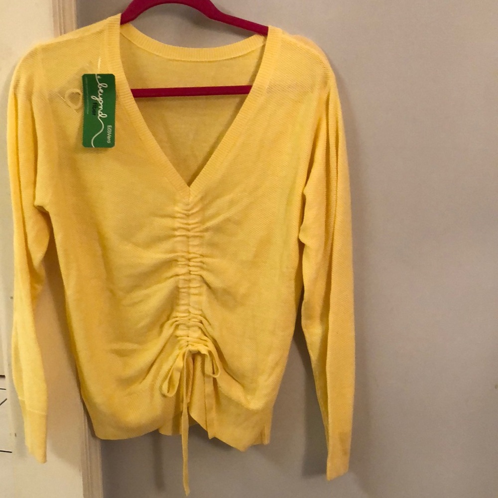 Zuda lightweight V-neck perforated yellow sweater.Slightly sheer. 17” pit to pit